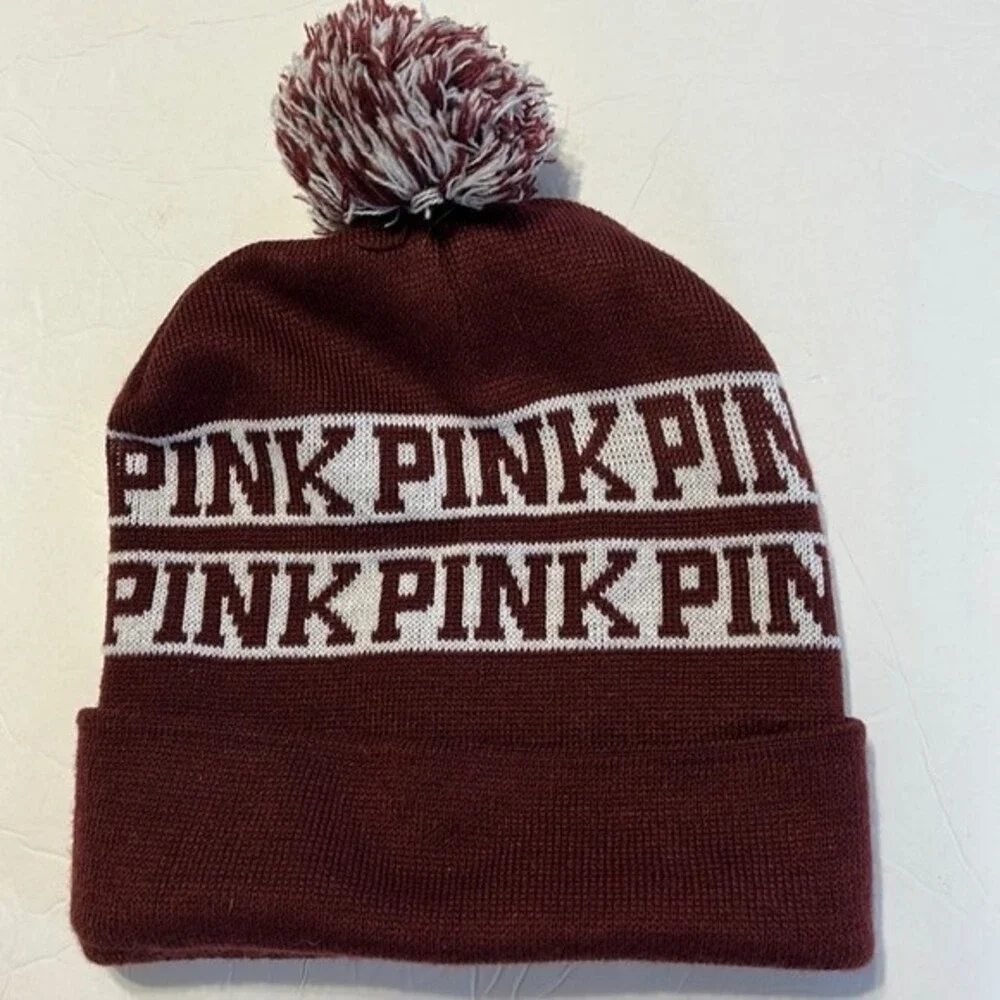 PINK Victoria's Secret Maroon White Beanie Hat Pom Pom OSFM Spell-Out One Size